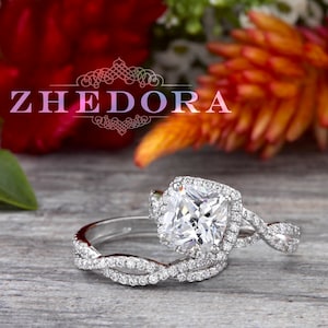 2.7 CT Cushion Cut Engagement Ring Set 14k/18k White Gold, Forever One Cushion Wedding Set, Swirl Wedding Set, Moissanite Engagement Ring