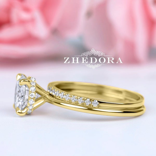Gold Diamond Wedding Set  / Hidden Halo Engagement Ring / 2 CT Round Diamond Ring Hidden Halo / Wedding Set Women / Bridal Set Moissanite