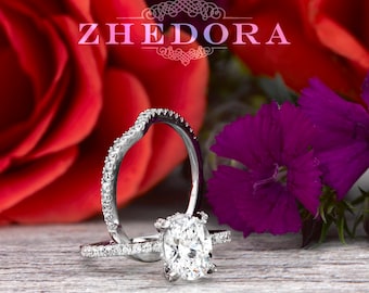 Oval Cut Bridal Set in 14/18K Solid Gold , Oval White Sapphire Bridal Set, Oval Moissanite Engagement Ring, Diamond Basket Engagement Ring
