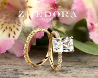 Yellow Gold Radiant Cut Wedding Set , Radiant Bridal Set, Moissanite Radiant Cut Bridal Set, Moissanite bridal Set, Yellow Gold Zhedora