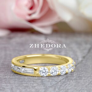 Solid Gold Wedding Band Baguette , Half Baguette Half Round Eternity Band, Moissanite Wedding Band, Wedding Band , Baguette Diamond Band