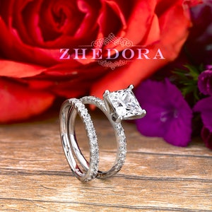 Princess Cut Bridal Set in 14k/18k White Gold,Princess Cut Moissanite Bridal Set, White Sapphire Princess Cut Ring, Forever One Princess Cut