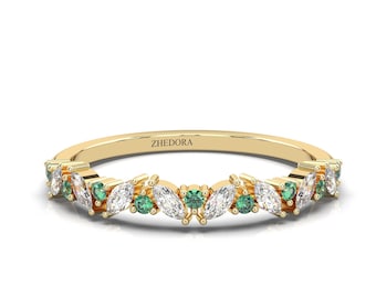 Solid Gold Emerald and Diamond Wedding Band, Half Eternity Anniversary Stacking Band, Marquise Cut Diamond and Emerald Gold Ring, Zhedora
