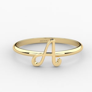 Bague lettre initiale en or massif, bague alphabet en or 10 carats, bague initiale, bague lettre en or véritable, alphabet or jaune or blanc or rose