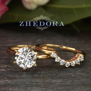 2.0 CT Nesting Wedding Set 14k/18k Yellow Gold, Crown Gold Band, Moissanite Round Solitaire, Forever One Round Ring Set, Curved Band Zhedora