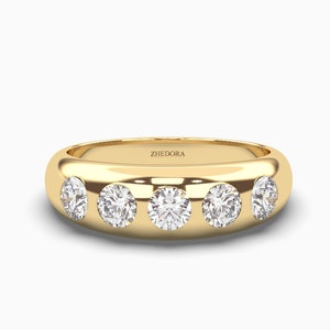 Diamond Ring 14k Solid Gold / Dome Gold Ring with Round Moissanite or Diamonds Flush Setting / Statement Diamond Ring / Mother&#39;s  Day Sale