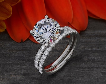 REAL Gold Wedding Set , 3 CT Round Moissanite Engagement Ring, Classic Ring Set, Engagement Ring for Her, Gold Diamond Ring , Lab Diamond