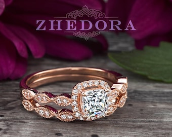 Minimalist Wedding Set Solid Rose Gold, Cushion Cut Moissanite Engagement Ring , Art Deco Ring , Ring for Women,  Dainty Engagement Ring