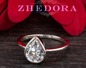 2 CT Pear Bezel Engagement Ring in 14K/18K White Gold, Bezel Ring, Pear Moissanite Engagement Ring, Bezel Ring, White Gold Tear Cut Ring