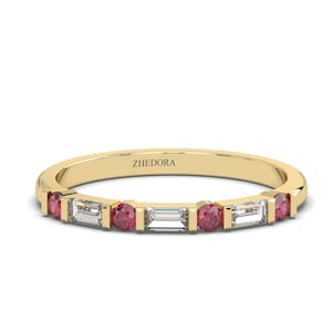 14k Gold Diamond and Ruby Ring / Baguette Diamond and Round Ruby Band / Minimalist Engagement Ring / Dainty Stacking Ring for Her Zhedora