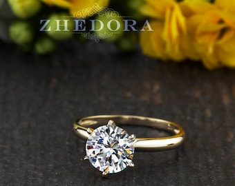 Forever One Moissanite Round Solitaire 2.0 CT Engagement Ring in Solid 14k /18k Yellow Gold, White Sapphire Solitaire , Zhedora