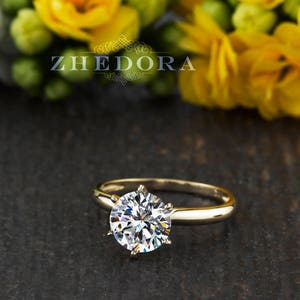 Anel de noivado Forever One Moissanite Round Solitaire 2.0 CT em ouro amarelo sólido 14k/18k, safira branca Solitaire, Zhedora