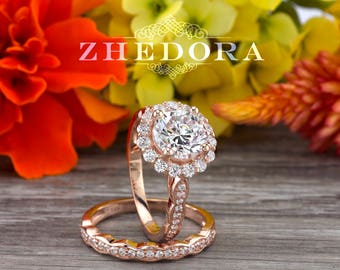 Moissanite Round Halo Bridal Set Solid 14k/18k Rose Gold, Flower Bridal Set, Flower Moissanite Engagement Ring , Forever One Moissanite Ring