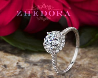 May include: A silver engagement ring with a round, clear center stone surrounded by a halo of smaller stones. The ring is set against a background of a red flower.