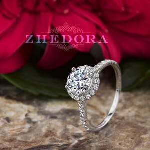 Halo Engagement Ring Round Cut Solid 14k or 18k White Gold Simulated Diamonds, Moissanite Halo Engagement Ring, Engagement Ring Zhedora
