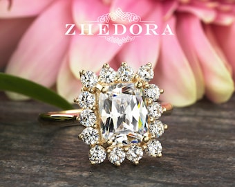 Halo Radiant Cut Engagement Ring, Yellow Gold Radiant Moissanite Engagement Ring, Radiant Ring, Anniversary Ring,Forever One Radiant Zhedora