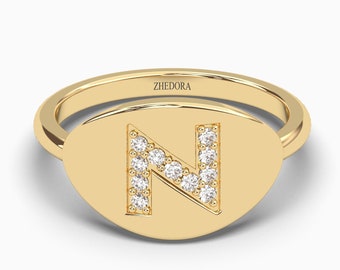 Personalized Ring, Initial Signet Ring, 14K Gold Signet Ring, Initial Ring, Real Gold Ring, Diamond Ring, Statement Ring, Unique Gold Ring