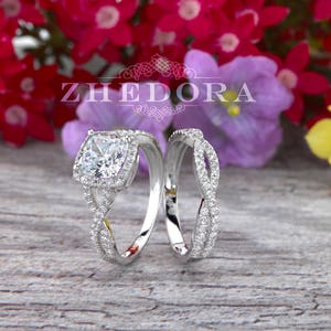 3.25 CT Cushion Cut Engagement Ring in Solid 14k/18k White Gold, Cushion Wedding Set, Twisted Engagement Set, Forever One Cushion Cut Ring image 1