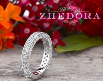 3 Sided Pave Wedding Band In 14k/18k White Gold , Pave Bridal Band , White Gold Wedding Band, Stackable Wedding Band, Anniversary Band