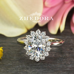 2.0 CT Halo Oval Moissanite Engagement Ring, Halo Oval Engagement Ring, Flower Oval Ring, White Gold Oval Solitaire Engagement Ring, Zhedora