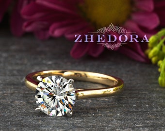 Two Tone 14/18k Yellow & White Gold Engagement Ring, Dainty Round Solitaire Ring , Forever One Engagement Ring, White Prong Ring Zhedora