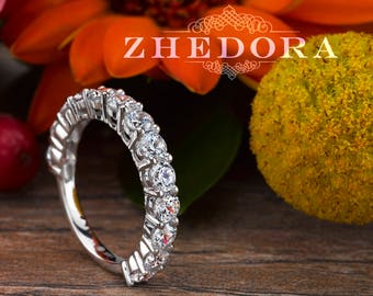 White Gold Wedding Band ,Half Eternity Wedding Band in 14k/18k , Lab White Sapphire Wedding Band, Moissanite Band, Moissanite Zhedora