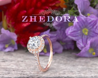 Forever One Round Halo Engagement Ring in 14/18K Rose Gold, White Sapphire Engagement Ring, Moissanite Engagement Ring Rose Gold Bridal Ring