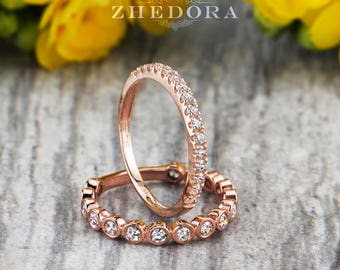 Bezel Stackable Set in 14k/18k Rose Gold, Bezel Wedding Band, Bezel Stacking Bands , Scalloped Stacking Band , Moissanite Stackable Bands