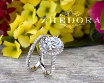 Oval Bridal Set in 14k or 18k White Gold , Large Oval Ring & Band  , Oval Wedding Set, Halo Oval Ring , Moissanite Oval Set , Oval Cut Ring