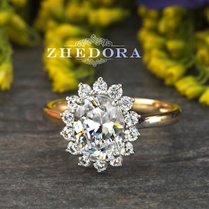 2 CT Halo Oval Moissanite Engagement Ring, Halo Oval Engagement Ring, Flower Oval Ring, Yellow Gold Oval Engagement Ring, Oval Ring Zhedora