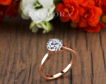 14k Rose Gold Solitaire Engagement Ring, Cathedral setting Round Moissanite Ring, Solid Rose Gold Wedding Ring in Rose Gold, Zhedora