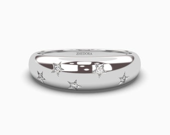Anel abobadado em ouro branco sólido com pedras de destaque / Faixa abobadada com estrela gravada / Faixa de diamante estrela / Faixa de ouro grossa / Faixa grossa / Faixa de estrela
