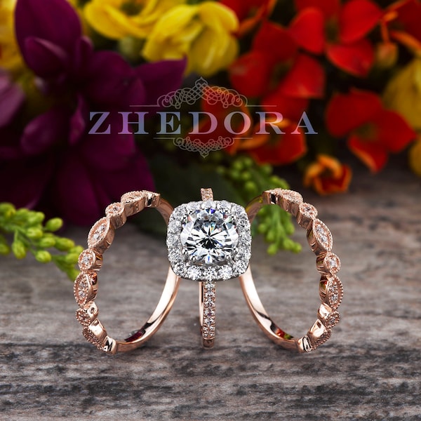 REAL Rose Gold Engagement Ring Set of 3 , Wedding Set , Moissanite Engagement Ring , Real Engagement Ring , Lab Diamond Bridal Set Zhedora