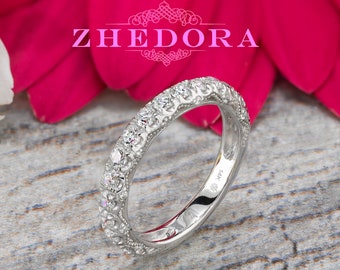 White Gold Diamond Wedding Band, Milgrain Anniversary Ring