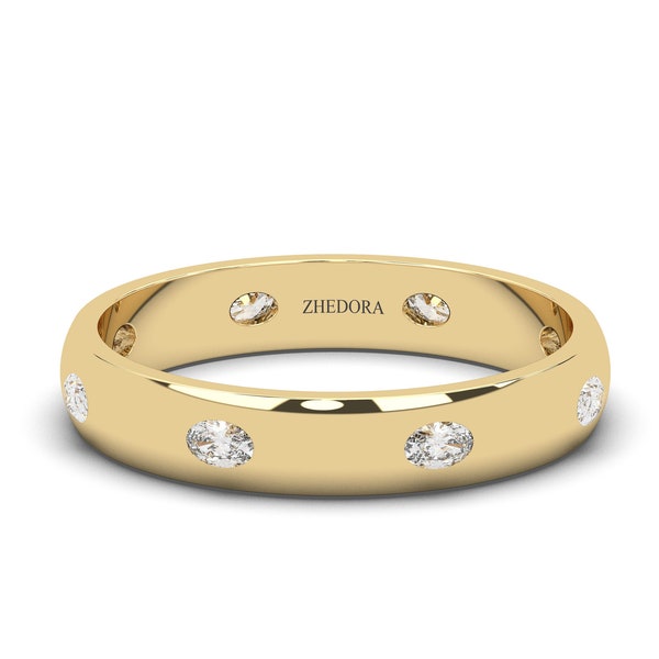 Oval Cut Inlay Gold Diamond Eternity Band, Oval Cut Real Wedding Band, Solid Gold Eternity Ring, Ring for Women, Oval Diamond Band