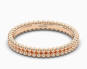 14k Rose Gold Double Beaded Band, Solid Gold Band, Stackable Gold Ring, Rose Gold Band, Gold Band, Unique Rose Gold Ring, Stacking Gold Band