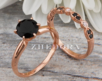 Black Spinel Engagement Ring Set , Rose Gold Wedding Set , Black Spinel Engagement Ring , Black Spinel Gothic Ring for Women, Black Diamond