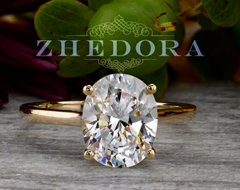 3.0 CT Oval Moissanite Engagement Ring, Thin Band, 14k Yellow Gold