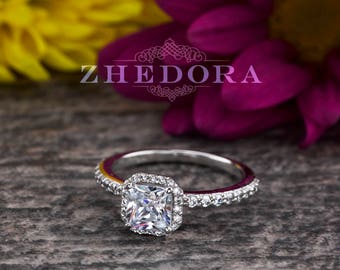 Forever One Cushion Cut Engagement Ring 1.0 TCW Solid 14k/18k White Gold, Moissanite Cushion Cut Engagement Ring, Cushion Cut Ring Zhedora