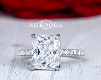 White Gold Radiant Cut Moissanite Ring | Invisible Halo Engagement Ring