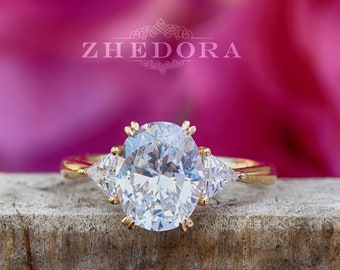 Yellow Gold 3 CT Oval Cut Engagement Ring, Oval Trillion Engagement Ring, Three Stone Oval Ring, Trillion Oval Engagement Ring, Moissanite