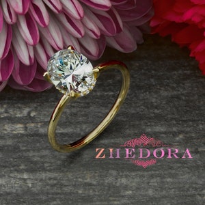 Yellow Gold Oval Ring, 1.5 CT Oval Moissanite Ring, Forever One Moissanite Ring, Lab Diamond Oval Ring, Dainty Ring, Hidden Halo Ring