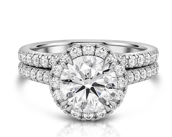 Round Cut Lab Grown Diamond Wedding Set, Solid Gold Engagement Ring, 14k 18k White Gold Bridal Set, Halo Engagement Set, Lab Grown Diamond
