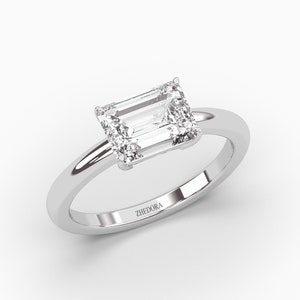 Lab Grown Diamond Engagement Ring , VVS1/2 Emerald Cut Diamond Ring, East West Setting  , Emerald Cut Ring , White Gold Diamond Ring