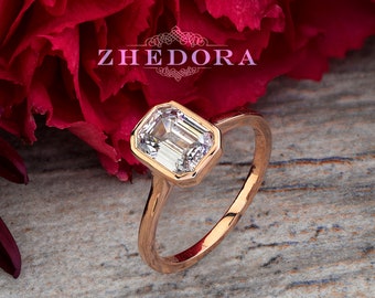 Rose Gold 2 CT Emerald Cut Engagement Ring, Bezel Emerald Cut Solitaire Ring, Forever One Emerald Cut Engagement Ring,Simple Engagement Ring