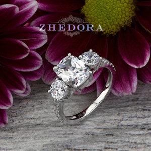 White Gold Engagement Ring , Elongated Cushion Engagement Ring, Cushion Cut Ring, Three Stone Ring , Past Present Future Ring , Diamond Ring