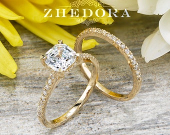 Anillo de boda con corte Asscher en oro amarillo de 14 k/18 k, anillo de moissanita con corte Asscher, anillo de compromiso con corte Asscher, anillo para mujer, anillo para mujer