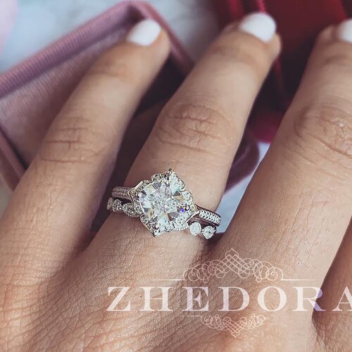 Vintage Cushion Cut Engagement Ring Set 14k/18k White Gold Etsy