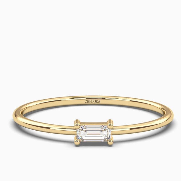 Single Emerald Diamond Ring, Thin Solid Gold Band with an Emerald Cut Diamond, Stacking Emerald Cut Ring , Dainty Gold Ring, 14k Gold Band