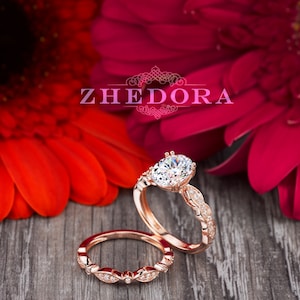Oval Bridal Set in 14k/18k Rose Gold , Oval Cut Engagement Ring Set ,Oval Wedding Set, Moissanite Oval Bridal Set, Oval Cut Ring Set Zhedora